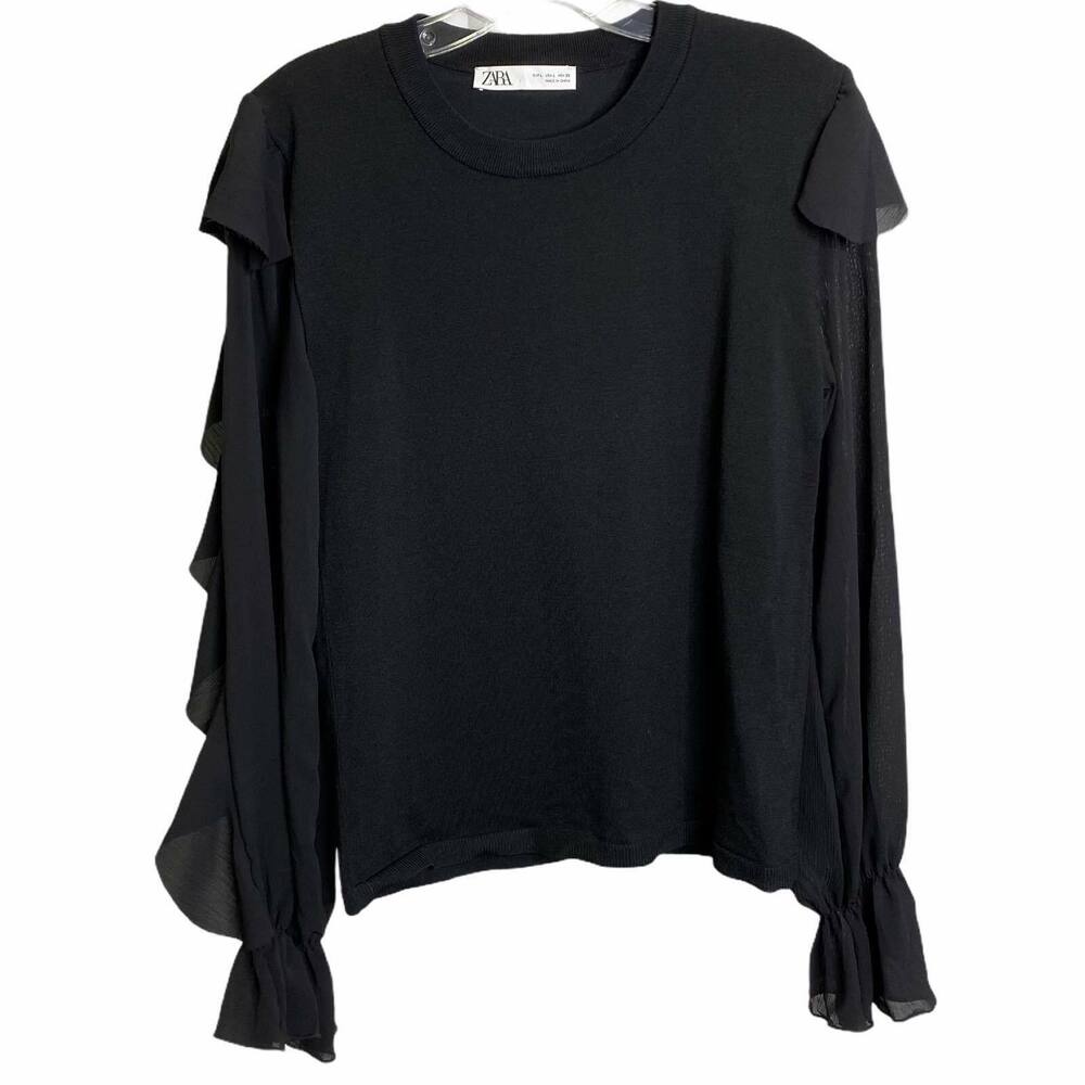 Zara Women's Sz Large Top Blouse Puff Long Ruffle Sleeve Black Stretch